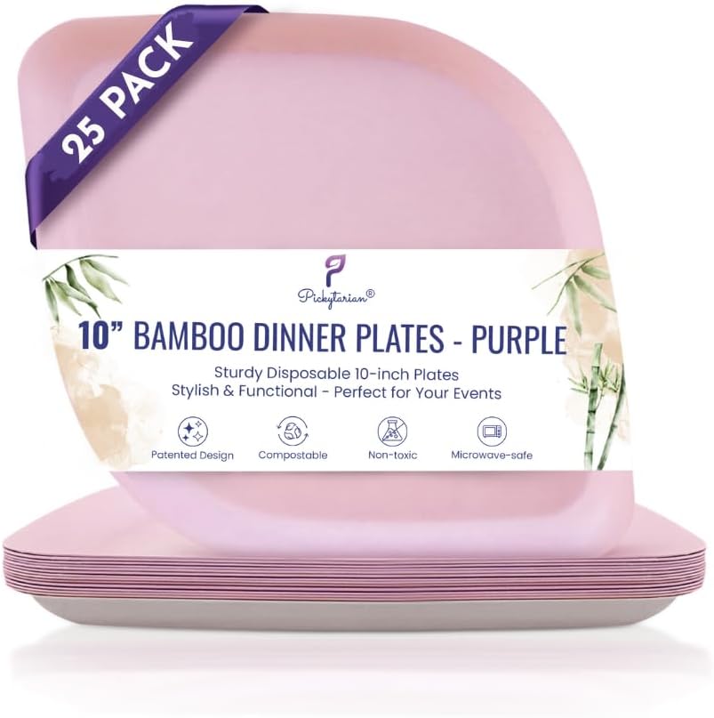 Compostable Plates - Heavy Duty Bamboo & Sugarcane Disposable Plates for Weddings, Parties & Events - Plastic-Free, Elegant Dinnerware (Purple, 10 Inch 25 Pack)