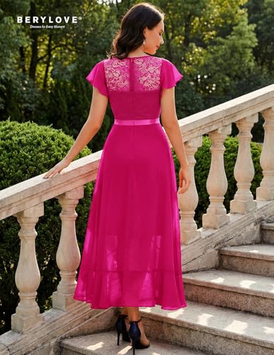 Image of BeryLove Formal Long Dresses for Women Wedding Guest Cocktail Bridesmaid | Airy Lace & Chiffon Evening Gown, Flutter Sleeve, Ideal for Mother of the Bride, Prom, Homecoming Party & Semi-Foraml Events