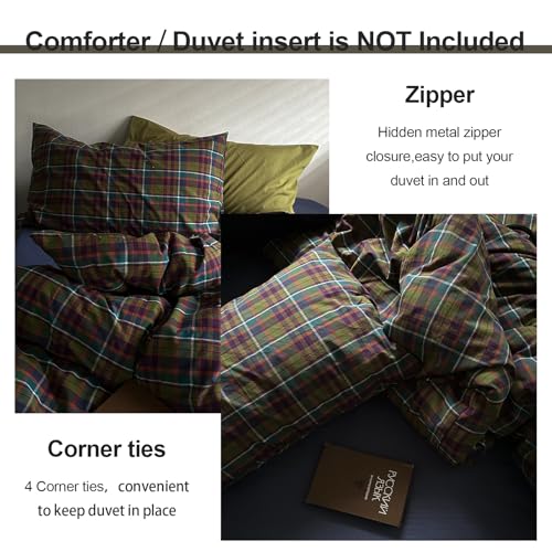 Image of EAVD Vintage Buffalo Plaid Duvet Cover Twin Soft 100% Washed Cotton 3-Piece Colorful Checkered Grid Bedding Set for Boys Girls Reversible Retro Gingham Comforter Cover with Zipper Closure
