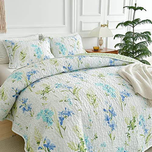 Uozzi Bedding Leaves Botanical Quilt Set Twin Size 68X86 2 Pc White Green Blue Leaf Reversible Soft Microfiber Lightweight Coverlet Bedspread Summer Bed Cover For All Season (1 Quilt+ 1 Shams) #TOP2
