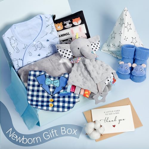 Golray 9pcs Baby Shower Gifts for Boys Newborn Kit, Blanket/Elephant Soothe/Fabric Book/Bodysuit/Bib/Sock/Hat/Greeting Card, Baby Essentials Stuff Gift for Newborn Boy Friend Newmom - Thumbnail 2