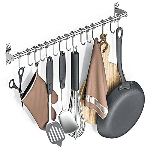 Booxihome Barre de suspension en acier inoxydable pour ustensiles de cuisine - Avec 15 crochets pour ustensiles de cuisine - 60 cm