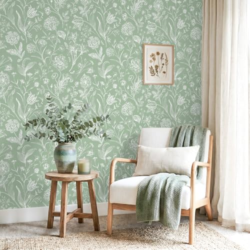 VEELIKE Sage Green Floral Peel and Stick Wallpaper Cottage Flower Wallpaper for Bedroom Nursery 17.7''x354'' Self Adhesive Removable Boho Floral Wall Covering for Bathroom Living Room Furniture Decor by VEELIKE - Used condition - Image 2