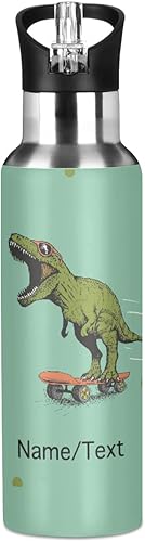 Miniatura 1 de CHIFIGNO Botella de agua personalizada con aislamiento de dinosaurio rugido en patineta, sin BPA, botella deportiva y para bicicleta con asa,