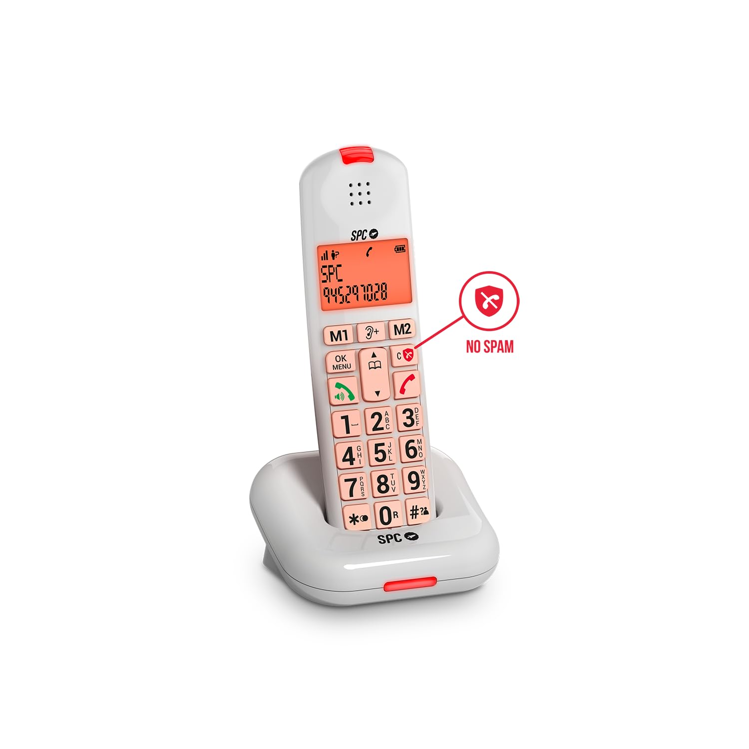 SPC Comfort Kairo - Bezprzewodowy telefon dla seniorów z dużymi przyciskami, wzmocnionym dźwiękiem, kompatybilny ze słuchawkami, blokada połączeń, sygnał świetlny i 2 bezpośrednie pamięci – Biały