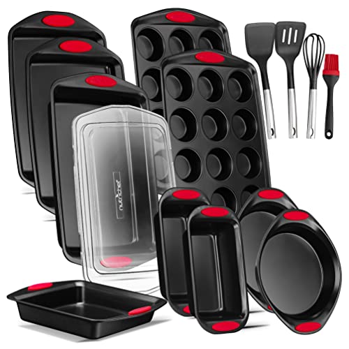 Nutrichef 15-Piece Baking Pan Set - Pfoa, Pfos, Ptfe Free Flexible Nonstick Black Coating Carbon Steel Bakeware - Professional Home Kitchen Bake Cookie Sheet Stackable Tray W/Red Silicone Handles #TOP21