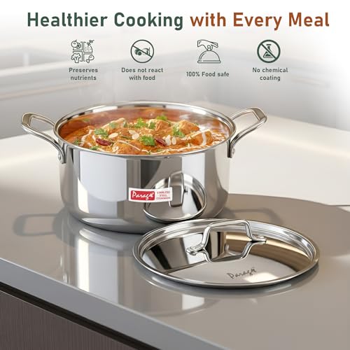 Image of Parage Tripure Triply Stainless Steel Biryani Pot Handi Casserole 1700 ML with Stainless Steel Lid for Induction & Gas