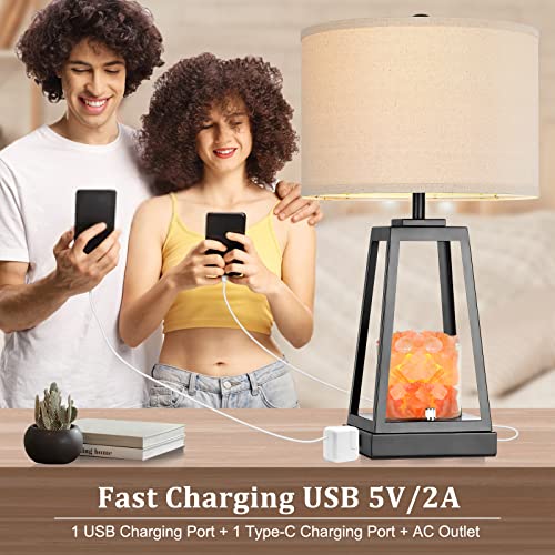 Farmhouse Table Lamp With Himalayan Salt Lamp, 3-Way Dimmable Touch Control Bedside Lamp With 2 Usb Ports & Ac Outlet, 24.4"H Iron Traditional Lamps With Flaxen Fabric Shade For Living Room Bedroom #TOP3