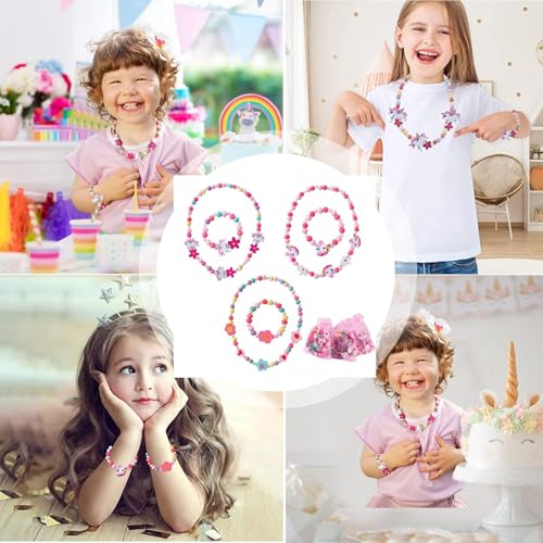 Kinderschmuck Set - Holz Einhorn Armbänder, Halskette und Freundschaftsarmband für Mädchen - Prinzessin Party Mitgebsel