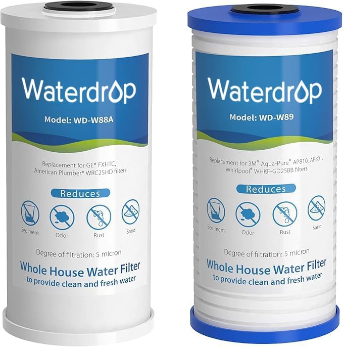 Waterdrop WF10PG 5 Micron 4.5" x 10" Big Blue Sediment Filter and Activated Carbon Filter, Replacement Cartridge for WFH21-PG Whole House Water Filtration System