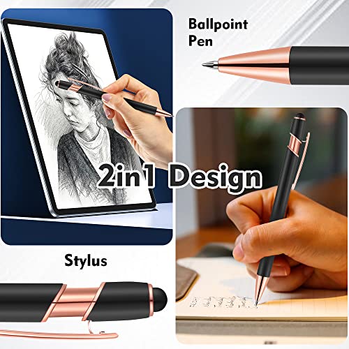 12 Pcs 2 In 1 Stylus Ballpoint Pen With Stylus Tip, 1.0 Mm Black Ink Metal Pen Stylus Pen For Touch Screens,12 Pens And 12 Refills (Rose Gold & Black) #TOP3