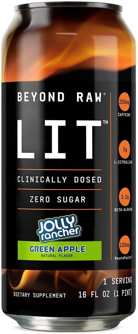BEYOND RAW Lit On-The-Go | Ready to Drink Cans | Contains Caffeine, L-Citruline, and Beta-Alanine | Nitrix Oxide Preworkout Supplement | Jolly Rancher Green Apple | 12 Cans