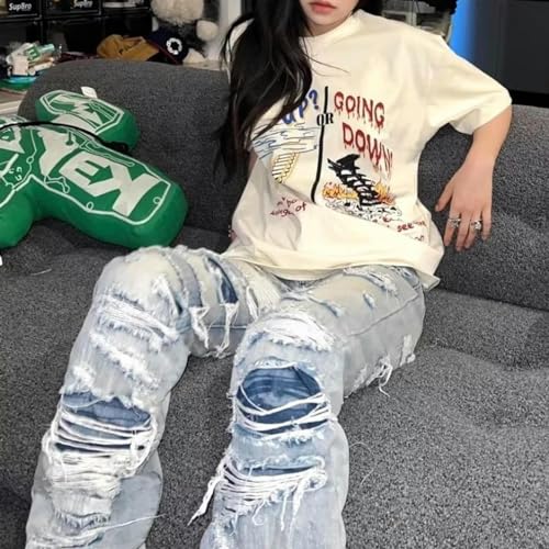 Jeans denim extensible rayé et délavé horizontal style rétro américain décontracté