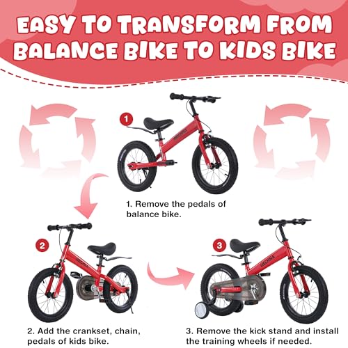 Image of MEGHNA 2 in 1 Toddler Balance Bike 14 inch Wheel Kids Bike Aged 3-7 Years Old with Footrest Detachable Training Wheels Caliper and Coaster Brake Strider Bike for Boys Girls, Easy to Assembly