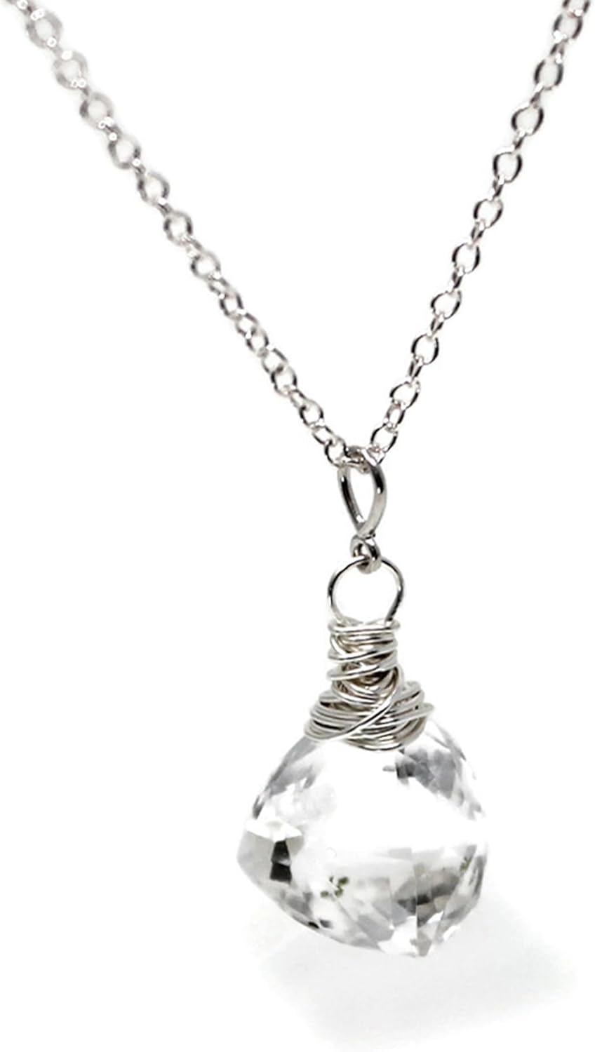 Clear Crystal Quartz Necklace Sterling Silver Trilliant Gemstone Briolette Pyramid 20 Inches