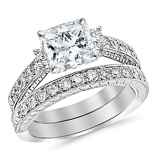14K White Gold 2.5 Carat LAB GROWN DIAMOND Three Stone Vintage With Milgrain & Filigree Bridal Set with Wedding Band & Princess Cut Diamond Engagement Ring (I-J Color SI1-SI2 Clarity 1.5 Ct Center)
