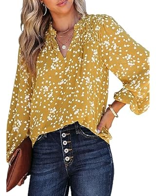 Dokotoo Womens Casual Alicia Flowy Print V Neck Smocked Long Sleeve Chiffon Blouses Tshirts Tops for Women 2023 Summer Trendy Work Business Boho Top Small Yellow