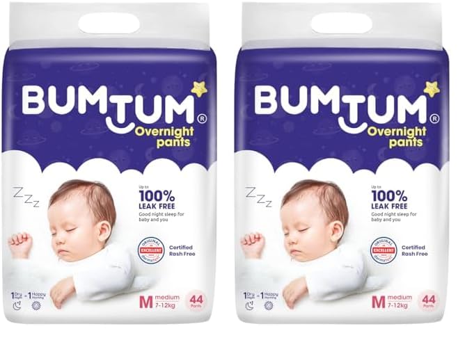 Image of Bumtum Baby Overnight Diaper Pants - Size M (7-12 kg), 44 Count | All night Absorption with Pillow Soft Comfort | No Leak | 100% Rashfree | With soothing Chamomile Microbial Layer | Pack of 2
