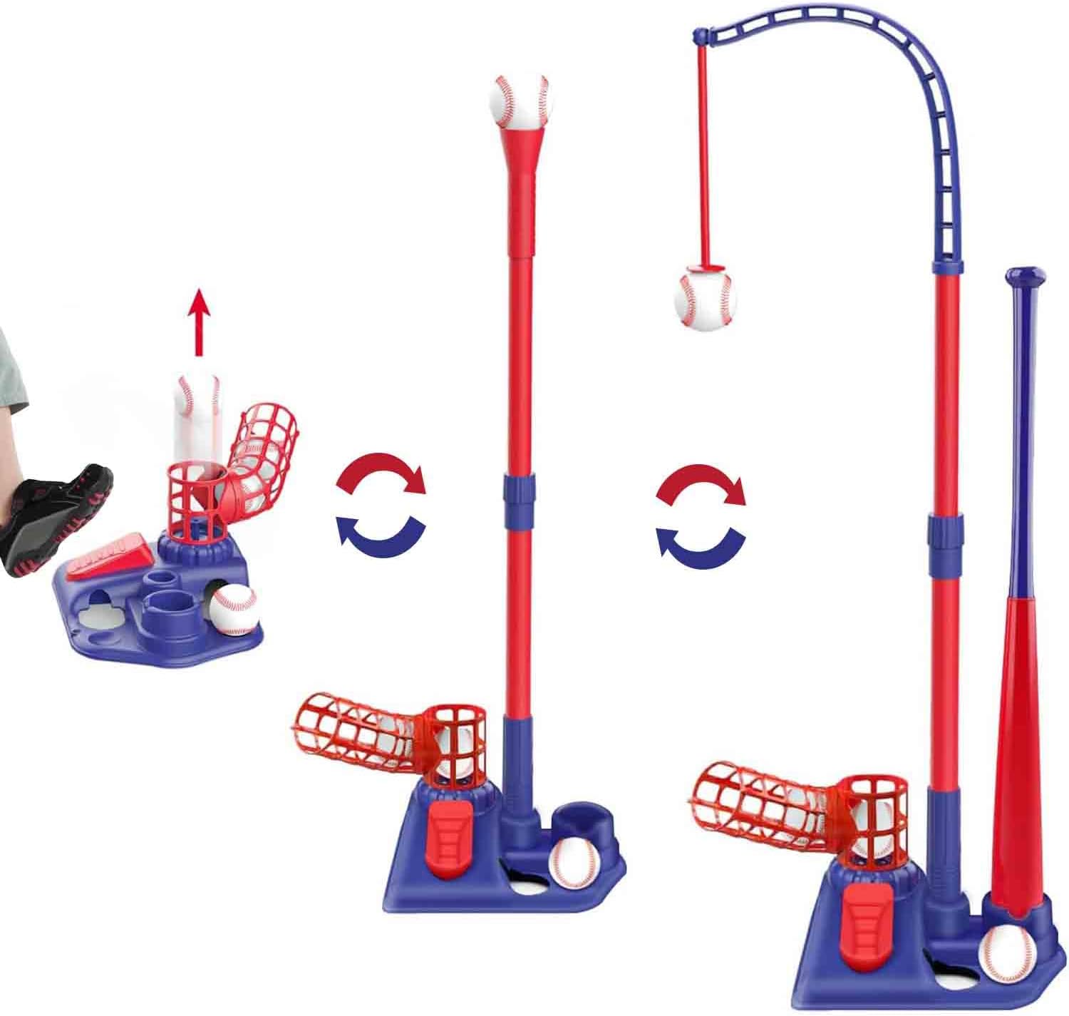 3-in-1 Kids Baseball Set for Ages 3-5/5-8, Batting Tee, Stand Tee, Pitching Machine with 6 Plastic Softballs & Bat, Adjustable Height, Indoor/Outdoor Backyard Sport Games Gifts for Boys and Girls