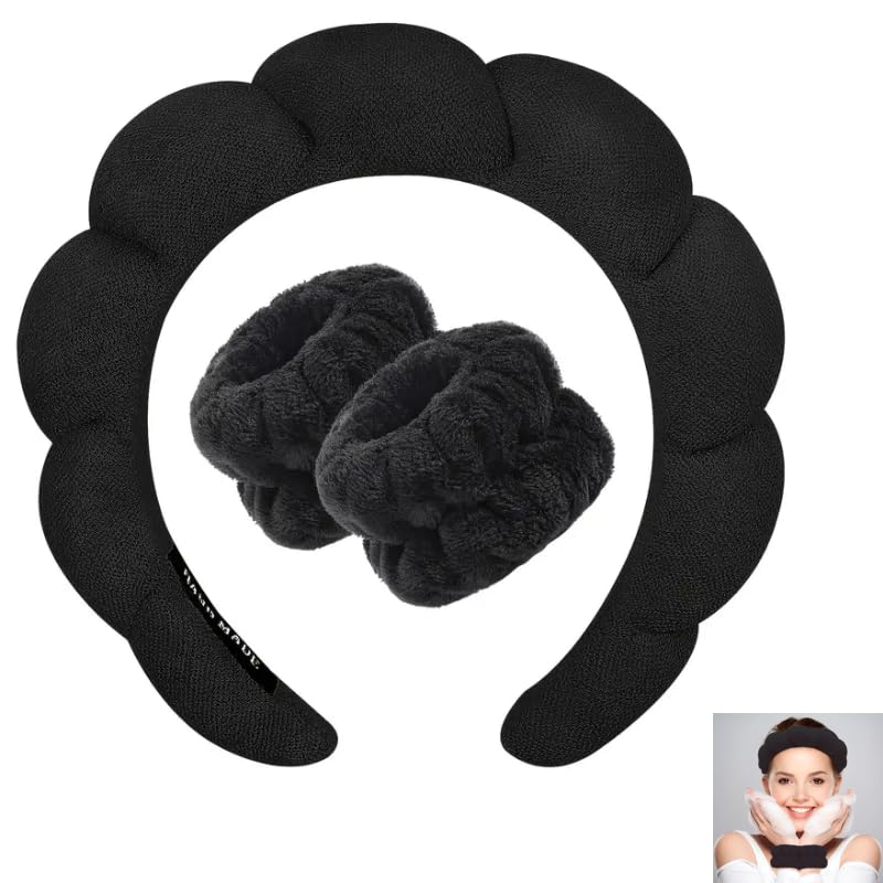 Set diadema spa y muñequeras de rizo suave para maquillaje y rutina facial, banda para el cabello absorbente unisex, accesorio de belleza antisalpicaduras, Unisex - Negro