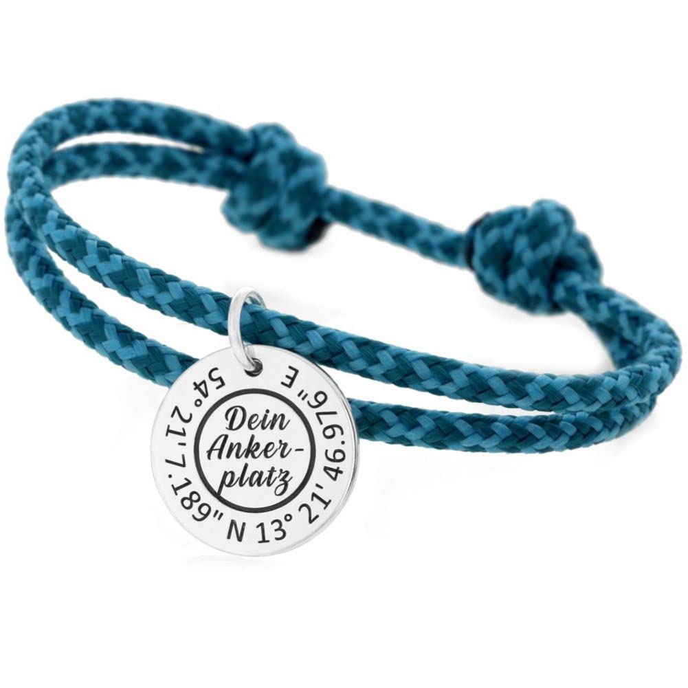 Segelseil Armband mit Silberanhänger Gravur maritim Surfer blau Herrenarmband Koordinaten Schmuck Männerarmband Größenverstellbar Segelseilarmband personalisierbar Text 925 Silber Geschenk Freund Sohn