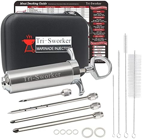 Tri-Sworker Meat Injectors for Smoking with Case and 4 Flavor Food Injector Syringe Needles, Injector Marinades for Meat, Turkey, Brisket; 2-oz; Including Paper and E-Book (PDF) User Manual