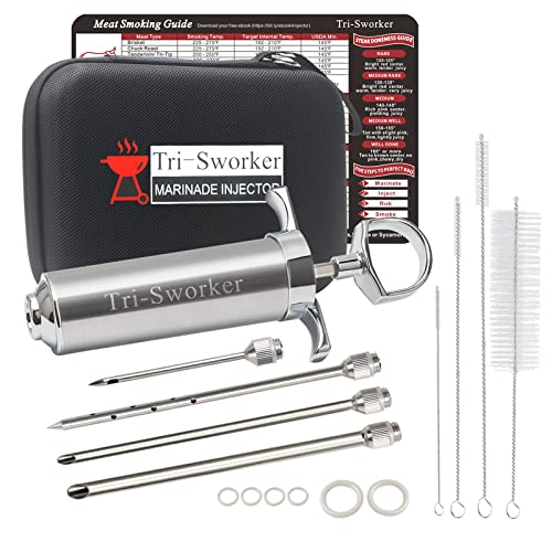 Tri-Sworker Meat Injectors For Smoking With Case And 4 Flavor Food Injector Syringe Needles, Injector Marinades For Meat, Turkey, Brisket; 2-Oz; Including Paper And E-Book (Pdf) User Manual #TOP29