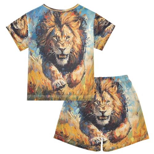 ALAZA Lion Watercolor Oil Painting Pajamas Set Short Sleeve Cotton Sleepwear Summer Pjs 2 Piece 5-14Y2