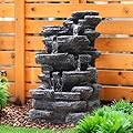 Biling 5-Tier Cascading Rock Outdoor Water Fountain with LED Lights and Artificial Fern, Outdoor Fountains and Waterfalls with Natural Stone Look for Garden, Patio, Backyard, Deck (Gray)