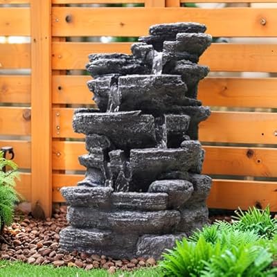 Biling 5-Tier Cascading Rock Outdoor Water Fountain with LED Lights and Artificial Fern, Outdoor Fountains and Waterfalls with Natural Stone Look for Garden, Patio, Backyard, Deck (Gray)