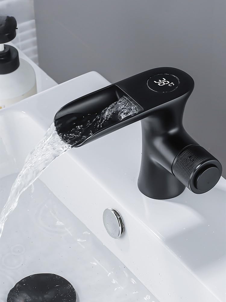 Robinet de lavabo avec affichage de température LED et jet cascade au design noir mat Nero