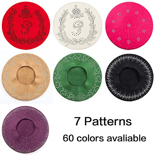 Ladybro Rhinestone Beret Hats For Women 2 Layers Wool French Hat Lady Winter Black Red (Dark Pink (Floral Pattern)) #TOP6