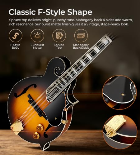 Image of Vangoa Mandolin Instrument F Style Acoustic Electric Mandolin Musical Instrument Spruce Top 8 String for Beginners, Adults, Sunburst