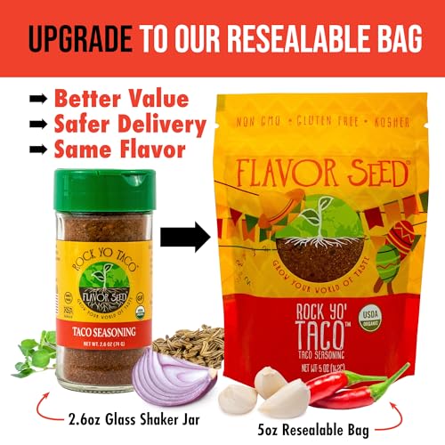 Organic Taco Seasoning - Rock Yo Taco by Flavor Seed, Gluten Free, Low Sodium Mexican Spice Blend for Cooking, No Sugar, Zero Calorie, Mild & Keto Friendly, 2.6 oz Shaker Jar