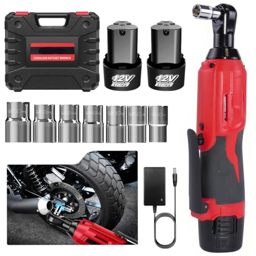 Huini 12V Cordless Ratchet Wrench 3/8 Electric Ratchet Wrench Kit 40N.m 300 RPM Impact Drive Ratchet Rattle Nut Gun with 2 x Lithium-Ion 1.5Ah Battery and Fast Charge 7 PCS Sockets Red/Black