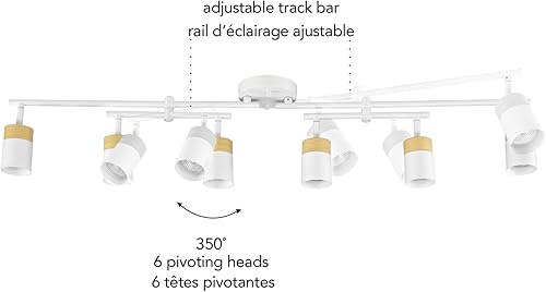 Miniatura 6 de Globe Electric 64000055 - Iluminación de riel de 6 luces de 42", barra central doble giratoria, color blanco mate, acentos en tono madera, luz de