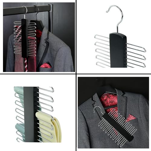 Kaizuca 2 Stück Krawattemhalter, Gürtelhalter, Holz Kleiderbügel Krawattemhalter, mit 20 Metallregale und 360 Grad Drehbarer Kleiderhaken, für Gürtel, Schal, Krawatte Aufbewahrung (schwarz)