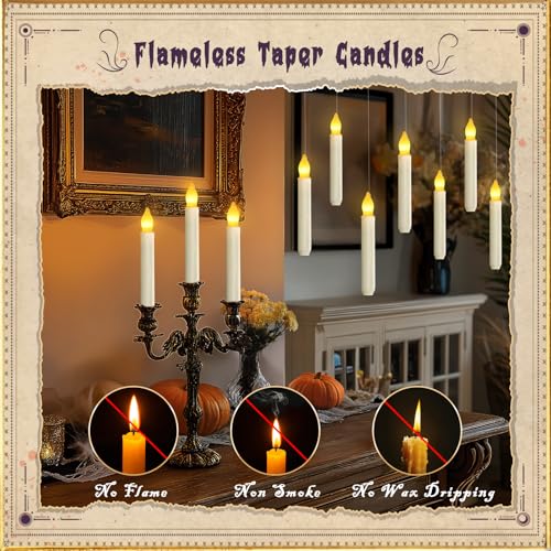 Image of Homemory 20 Pcs Floating Candles with 2 Wand, LED Warm Yellow Magic Deco Candle, Warm Yellow Flameless Taper Candles for Halloween Party Decor