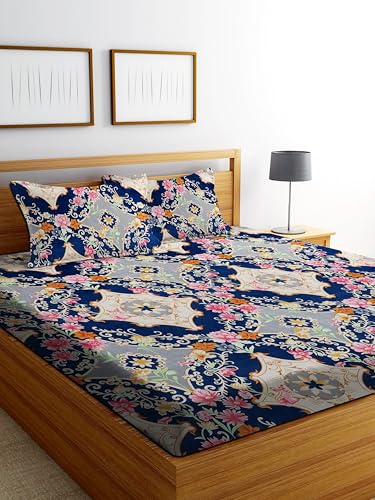 Image of DECORUM Glace Cotton Fitted 1 Bedsheet King Size (72 inchx78 inch) | All Around Elastic | Cotton Feel | 2 Pillow Covers (17 inchx27 inch) | Fits Up to 8 inch Mattress | 200-220 TC | Printed Double Bed Sheet Set