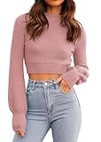 Womens Sexy Crew Neck Cropped Sweaters Ribbed Knit Long Sleeve Crop Tops Pullover Pale Mauve