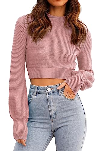 Image of Womens Sexy Crew Neck Cropped Sweaters Knit Long Sleeve Crop Tops Pullover