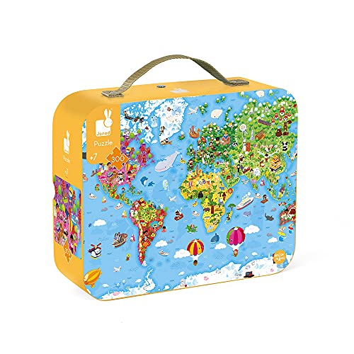 Janod - Puzle Gigante del Mundo - Puzzle 300 Piezas de Cartón FSC - Juego Educativo - Ejercita Paciencia y Concentración - Puzzle Infantil a partir de 7 Años, J02549