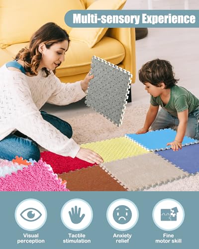 Image of 12 Set Sensory Floor Tiles - Textured Sensory Mats, Interlocking Sensory Rug Sensory Toys for Autistic Children Kids Baby Toddler Multi Sensory Exploration, Tactile Play, Fidgeting Activity