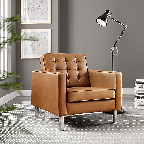 Modway EEI-3391-SLV-TAN Loft Tufted Button Faux Leather Upholstered Accent Armchair In Silver Tan thumb #1