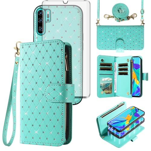 Image of Asuwish Compatible with Huawei P30 Pro Wallet Case Zipper Cell and Tempered Glass Screen Protector Crossbody Strap Glitter Flip Card Holder Phone Cover for Hawaii P30Pro P 30 Pro30 Women Girls Green