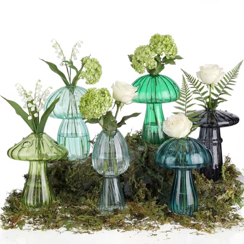 Acellegic 7 Pcs Mushroom Glass Propagation Vases 6 Colored Mini