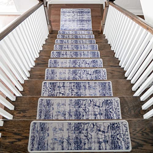 Benissimo, 13+1 Stair Treads Carpet With Landing Slip Resistant Stair Rugs, Set Of 13 (9"X32") + 1 (31"X31") Runner For Indoor Wooden Steps, Printed Design, Deep Ocean #TOP7