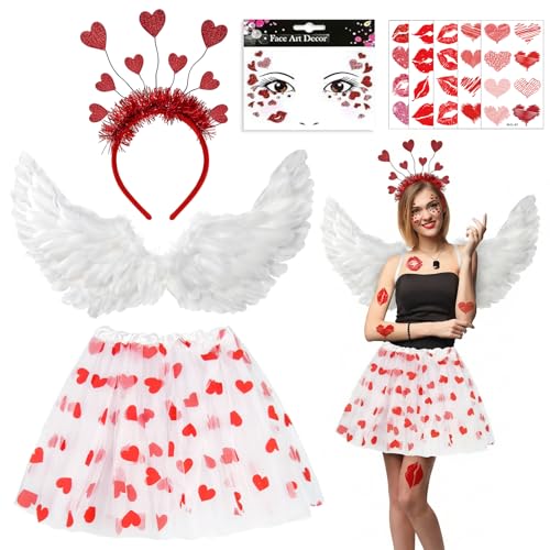 WZBBJuser Amor-Kostüm Karneval Kostüme Amor Set Karneval Damen Tüllrock Valentinstag Herz Stirnband Pailletten Gesicht Aufkleber Valentinstag Herz Kostüm für Karneval Fasching Mottoparty Cosplay