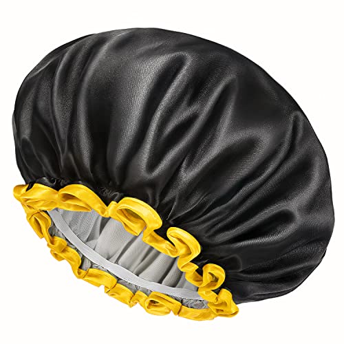 Mikimini Black Shower Cap For Women, Men & Girls 1 Pack Reusable Double Layers Waterproof Bathing Shower Hat With Soft Comfortable Peva Lining, Non-Fading, Stretchy Shower Cap #TOP7