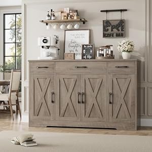 HOSTACK Buffet Sideboard Cabinet with Drawers 55 Large Buffet Storage Cabinet with Shelves and Doors Modern Farmhouse Coffee Bar Cabinet Wood Buffet Table for Kitchen Dining Room Ash Grey